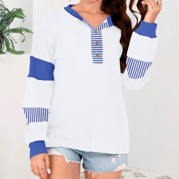 NWT White and Blue Striped Button-Up Casual V Neck Top Polo Shirt. - Picture 3 of 6